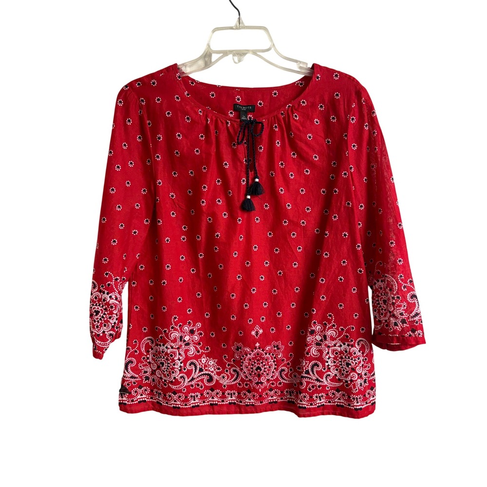 Talbots Petites Red Bandana Paisley Print Tassel Peasant Blouse Top LP Boho